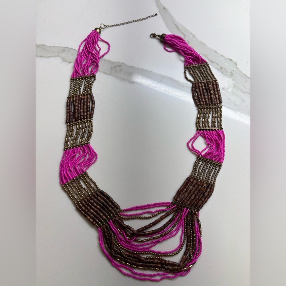 Vibrant Pink and Brown beaded Statement Necklace - Picture 4 of 5